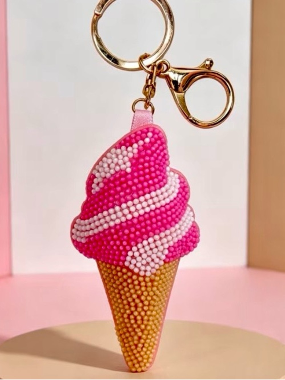 $42.00- Pink Rice Beaded Ice Cream Cone Bag Charm Necklace